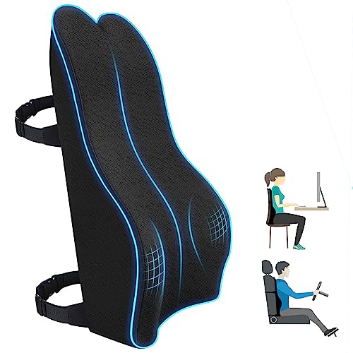 Lumbar Support Pillow for Office Chair – Lumbar Pillow for Car -Memory Foam Long Office Chair Back Support for Upper,Middle and Lower Back Pain Relief/Posture Improved with Double Strap-Black